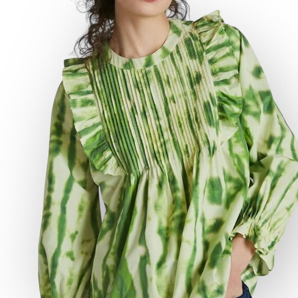 NWT Anthropologie Samant Chauhan Emilia Ruffled Tie Dyed Green Top Medium - Picture 1 of 10
